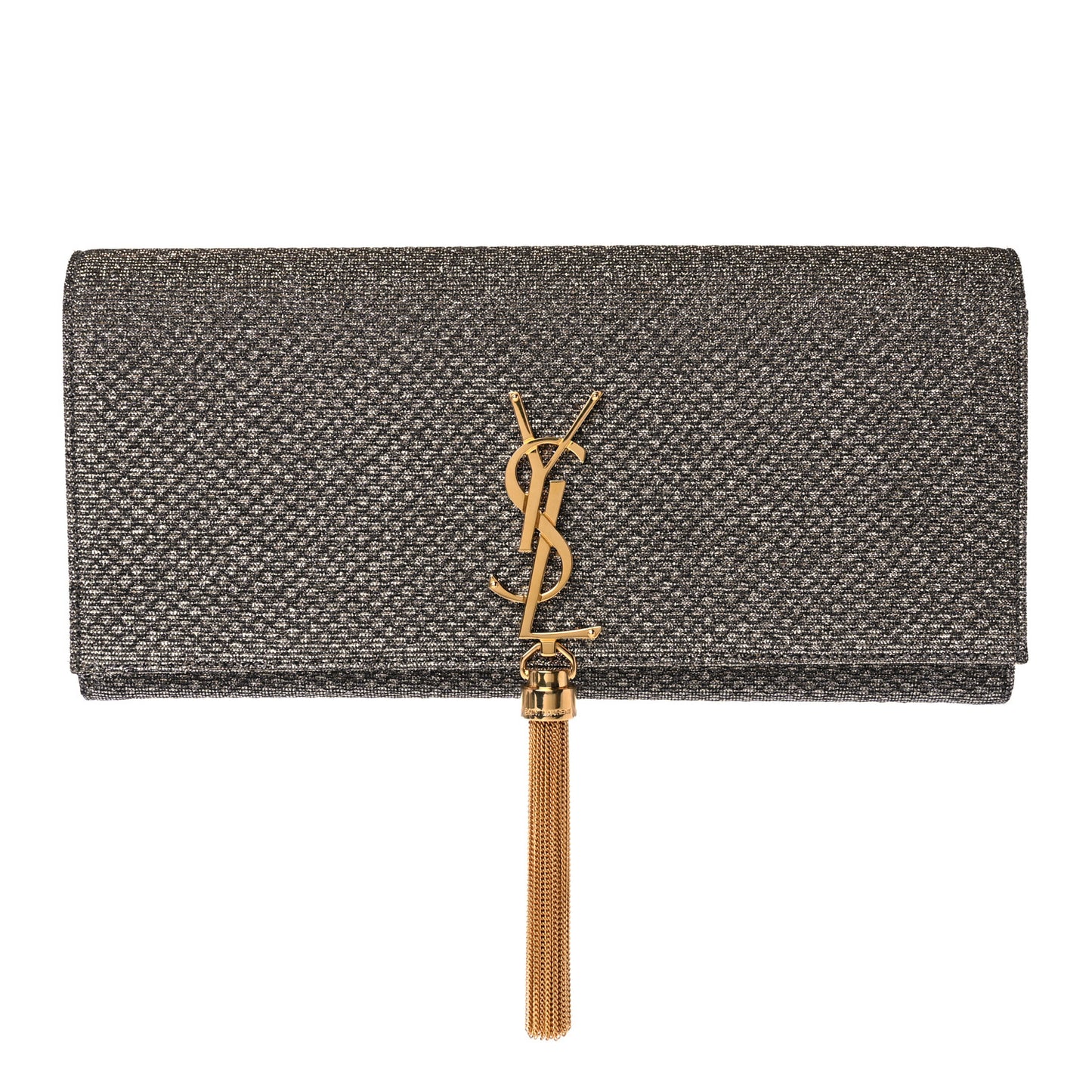 Metallic Canvas Woven Classic Monogram Tassel Clutch Silver Gold