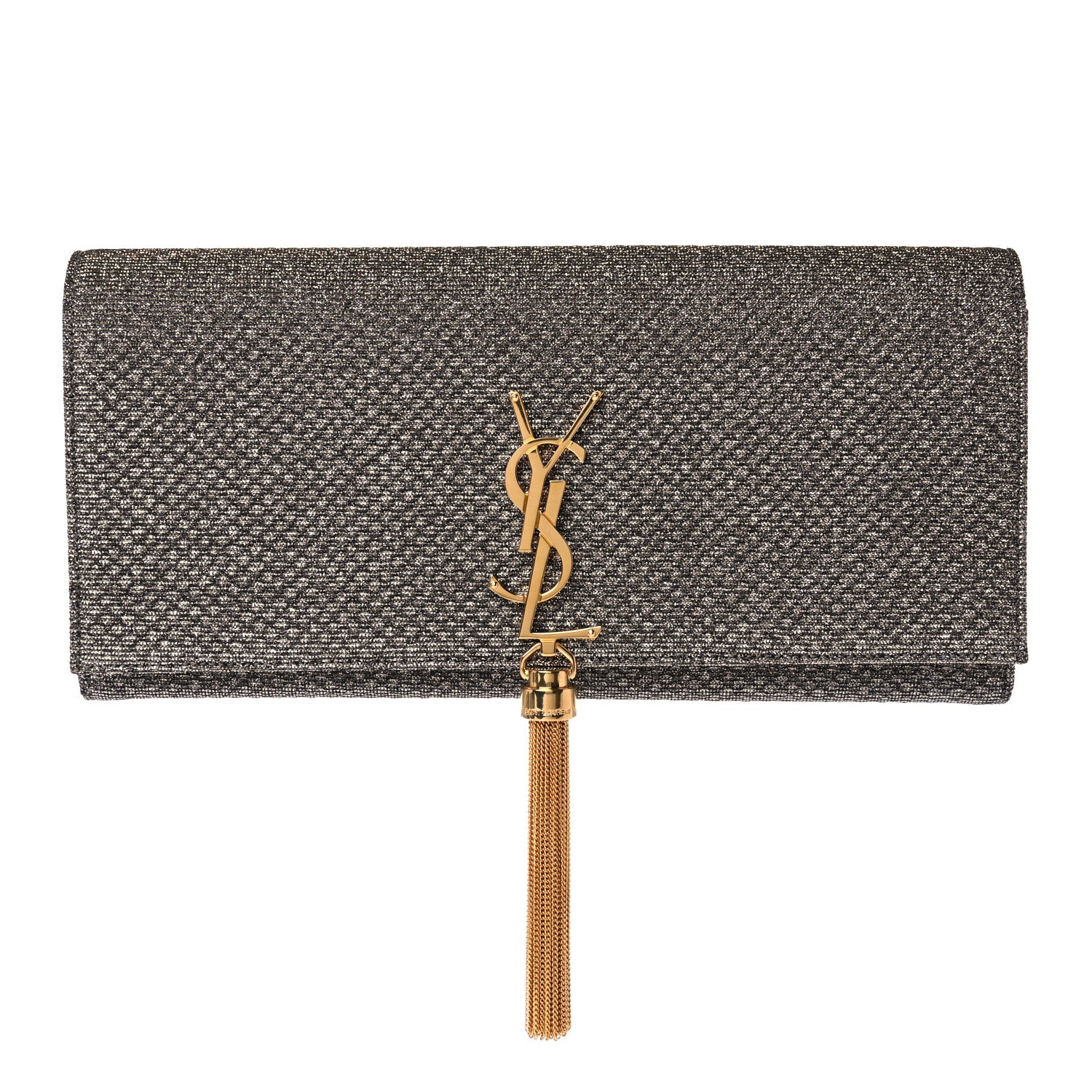 Saint Laurent Metallic Canvas Woven Classic Monogram Tassel Clutch Silver Gold 1 of 13