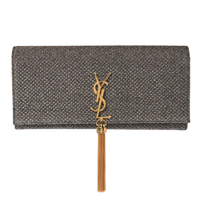 Saint Laurent Metallic Canvas Woven Classic Monogram Tassel Clutch Silver Gold 1 of 13