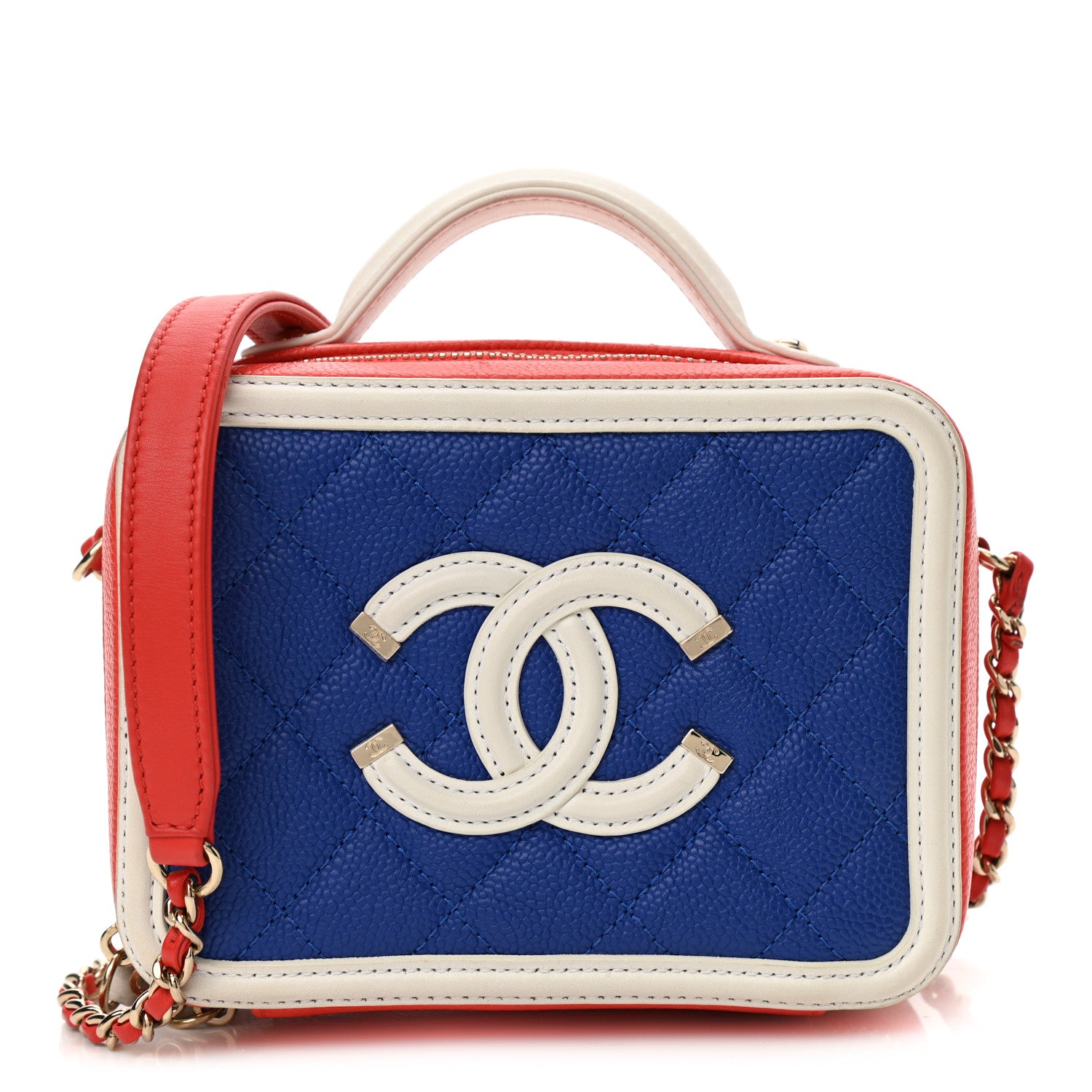 Chanel Caviar Quilted Small CC Filigree Vanity Case Blue White Red 1 of 10