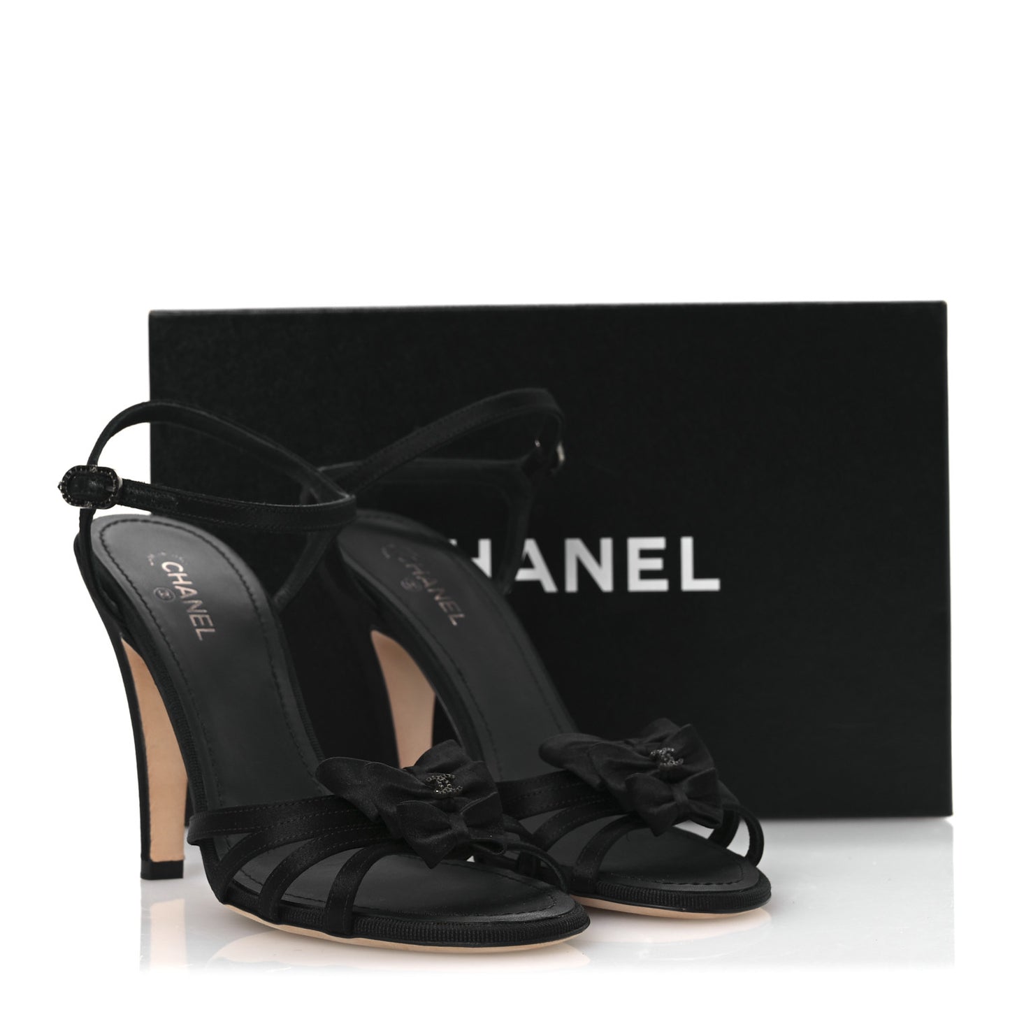 Satin Crystal CC Bow Sandals 38 Black