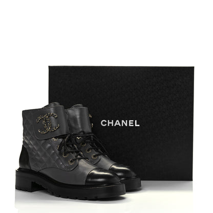 Chanel Shiny Lambskin Quilted Lace Up Combat Boots 38.5 Grey Black 8 of 8