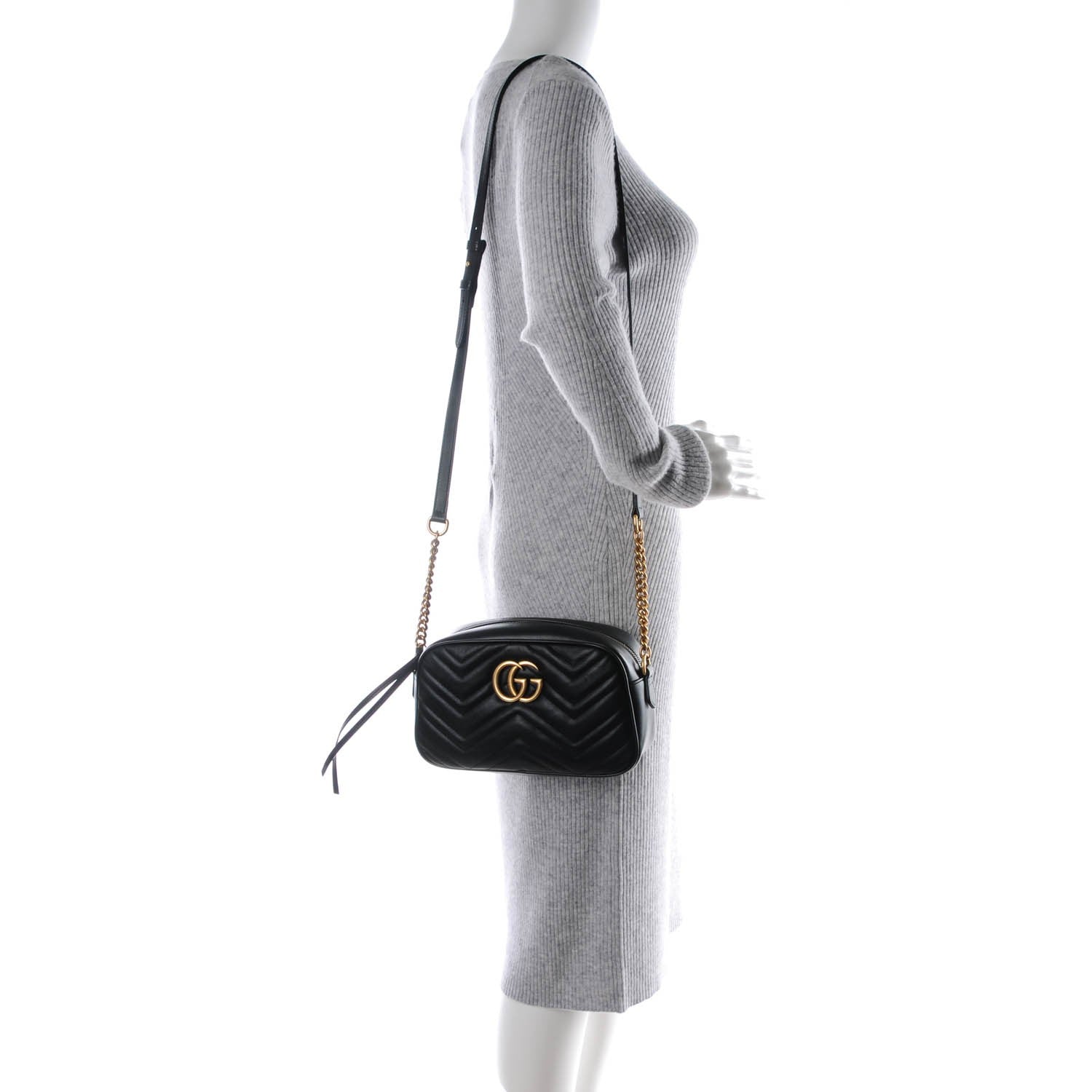Gucci Calfskin Matelasse Small GG Marmont Chain Shoulder Bag Black 2 of 7