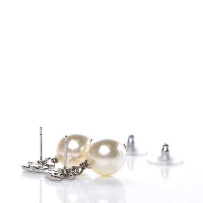 Chanel Crystal Pearl CC Drop Earrings Silver 3 of 4