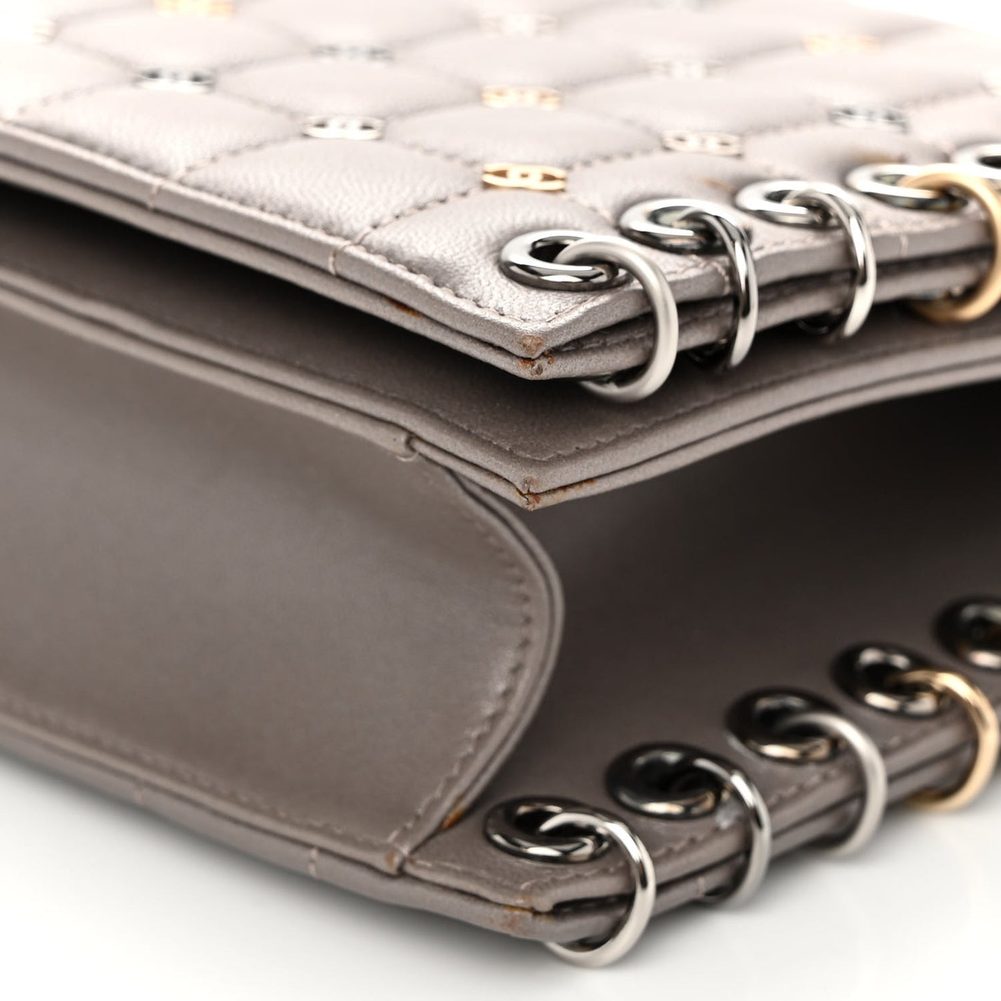 Lambskin Chocolate Bar Piercing CC Studded Small Chain Flap Bag Grey