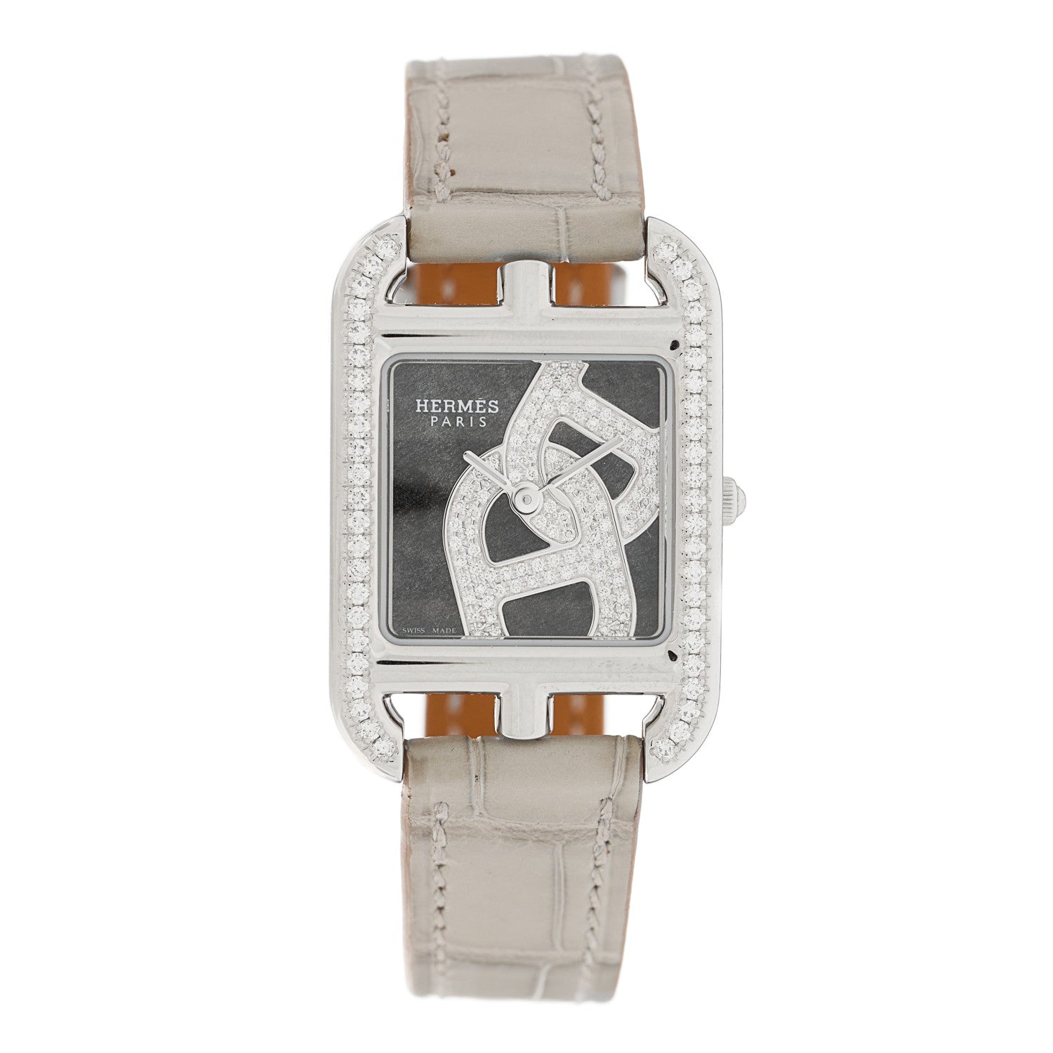 Hermes Stainless Steel Alligator Diamond Bezel 23mm Cape Cod Chaine d'Ancre Joaillier Quartz Watch Gris Perle 1 of 5