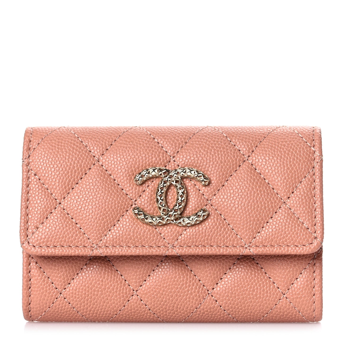 Caviar Metal Perforated Quilted CC Flap Card Holder Beige