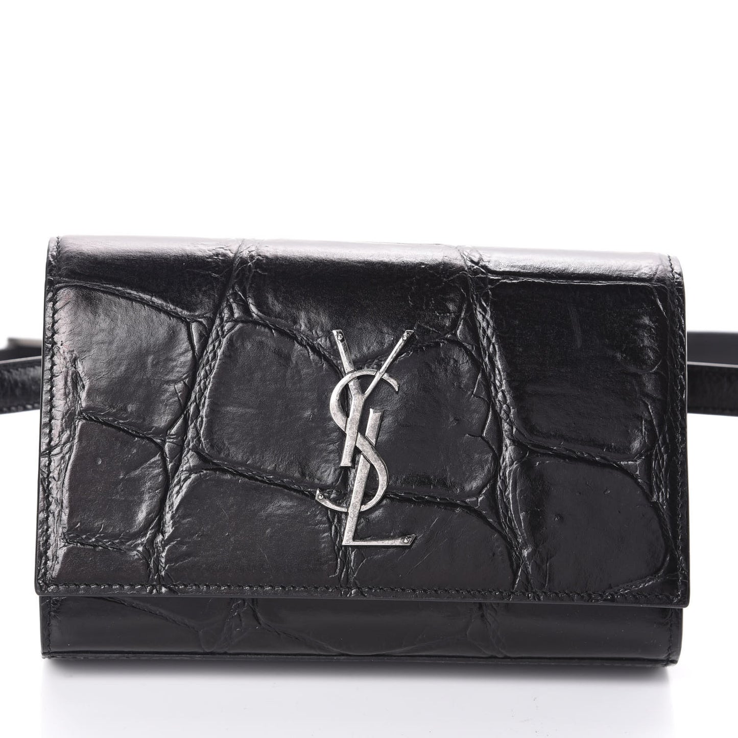 Calfskin Crocodile Embossed Monogram Kate Belt Bag Black