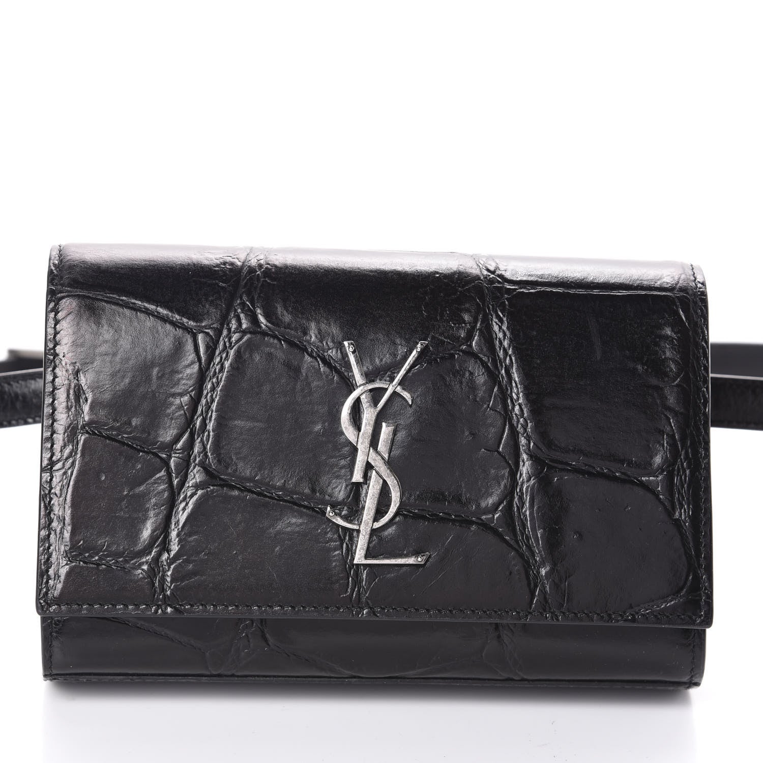 Saint Laurent Calfskin Crocodile Embossed Monogram Kate Belt Bag Black 7 of 9