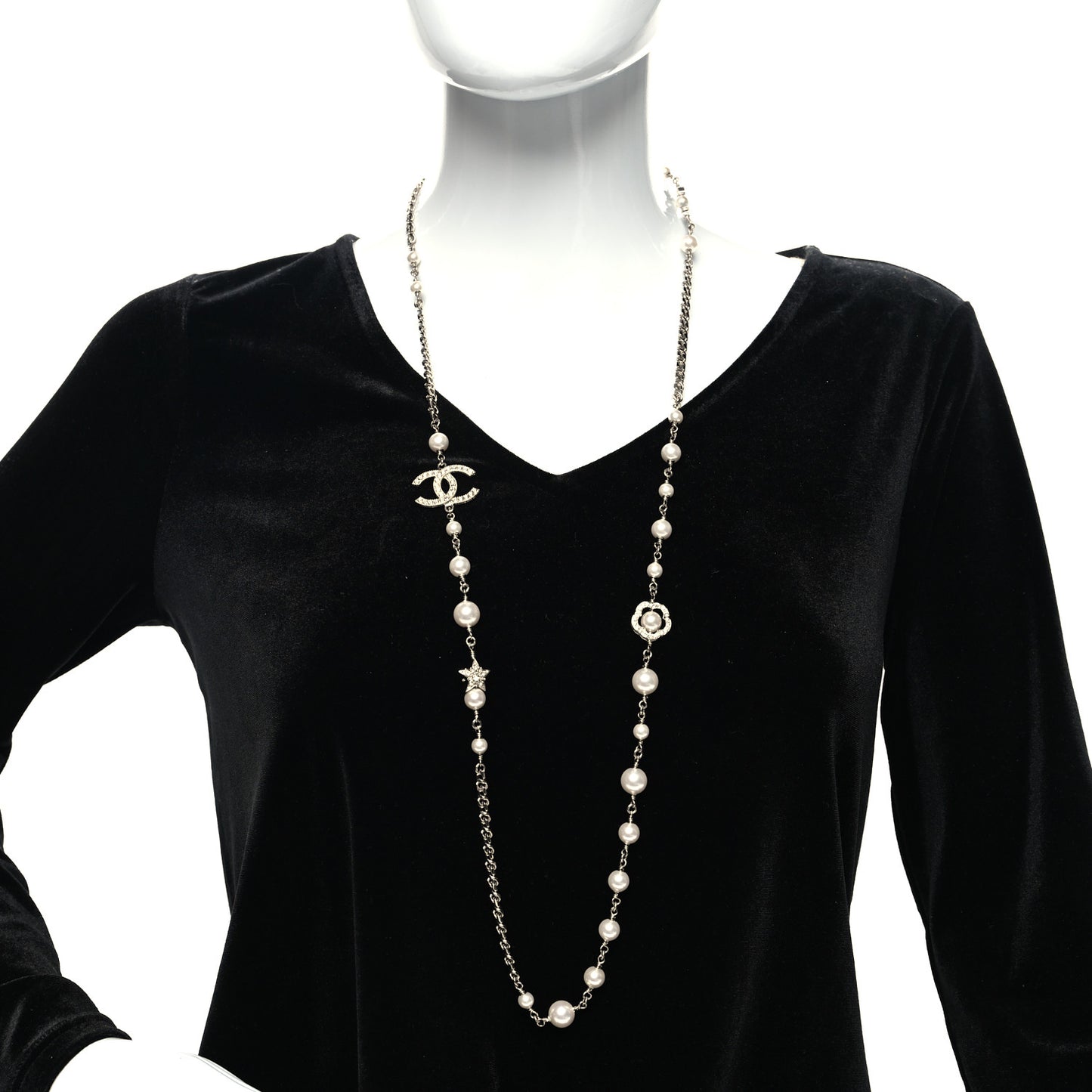 Pearl CC Star Long Necklace Silver