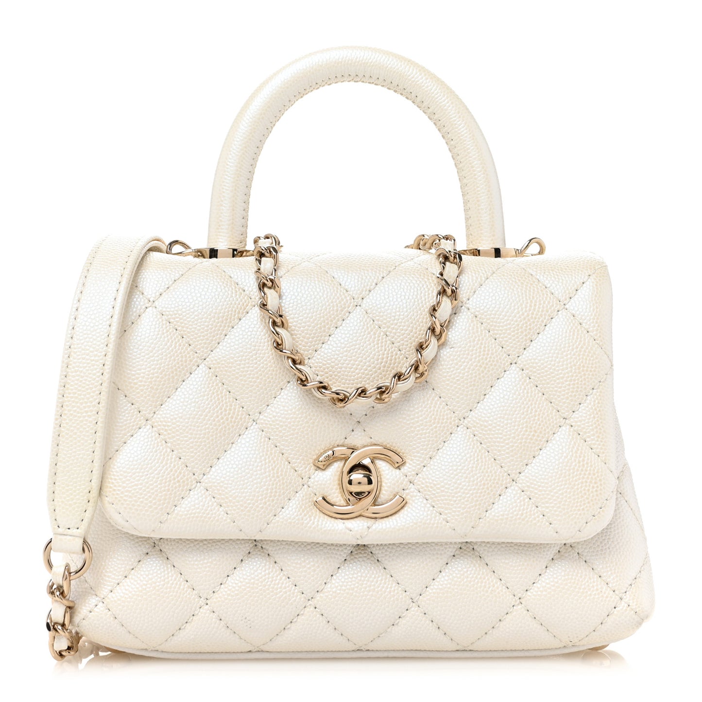 Iridescent Caviar Quilted Extra Mini Coco Handle Flap White