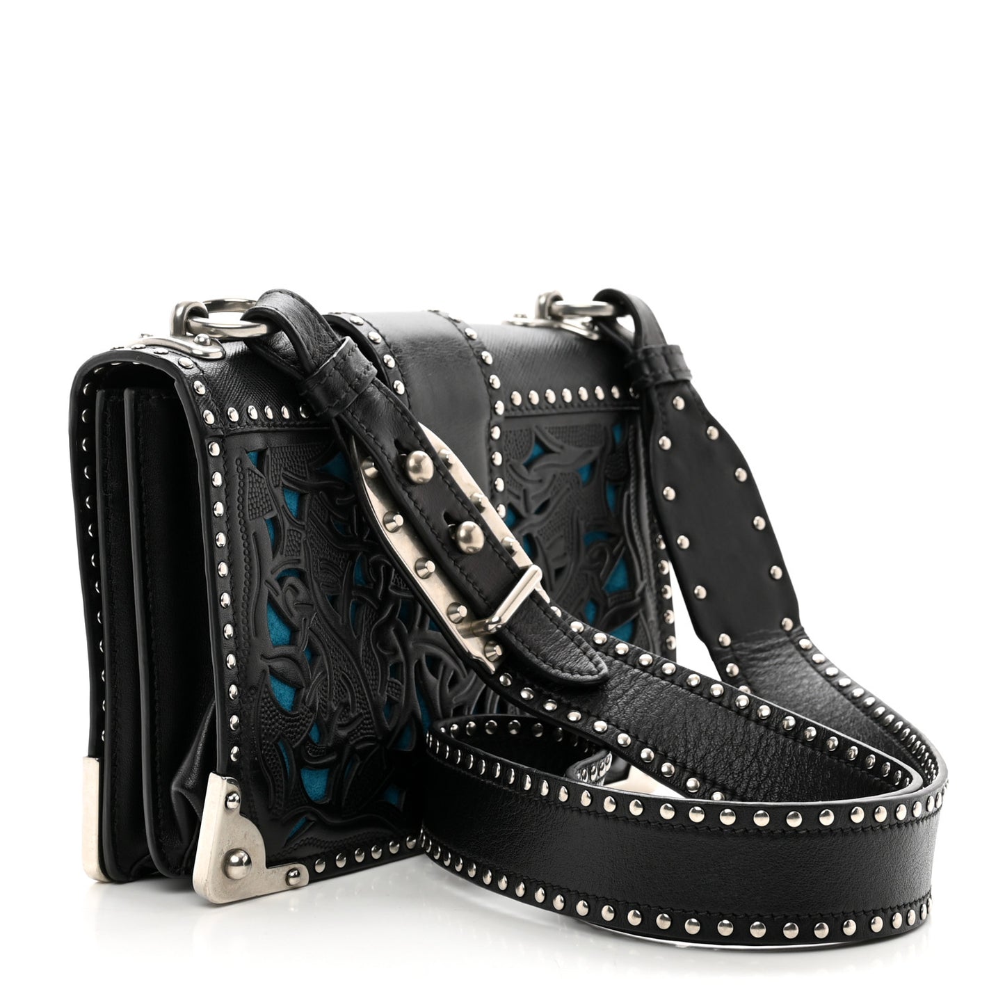 City Calf Saffiano Studded Laser Cut Cahier Bag Black