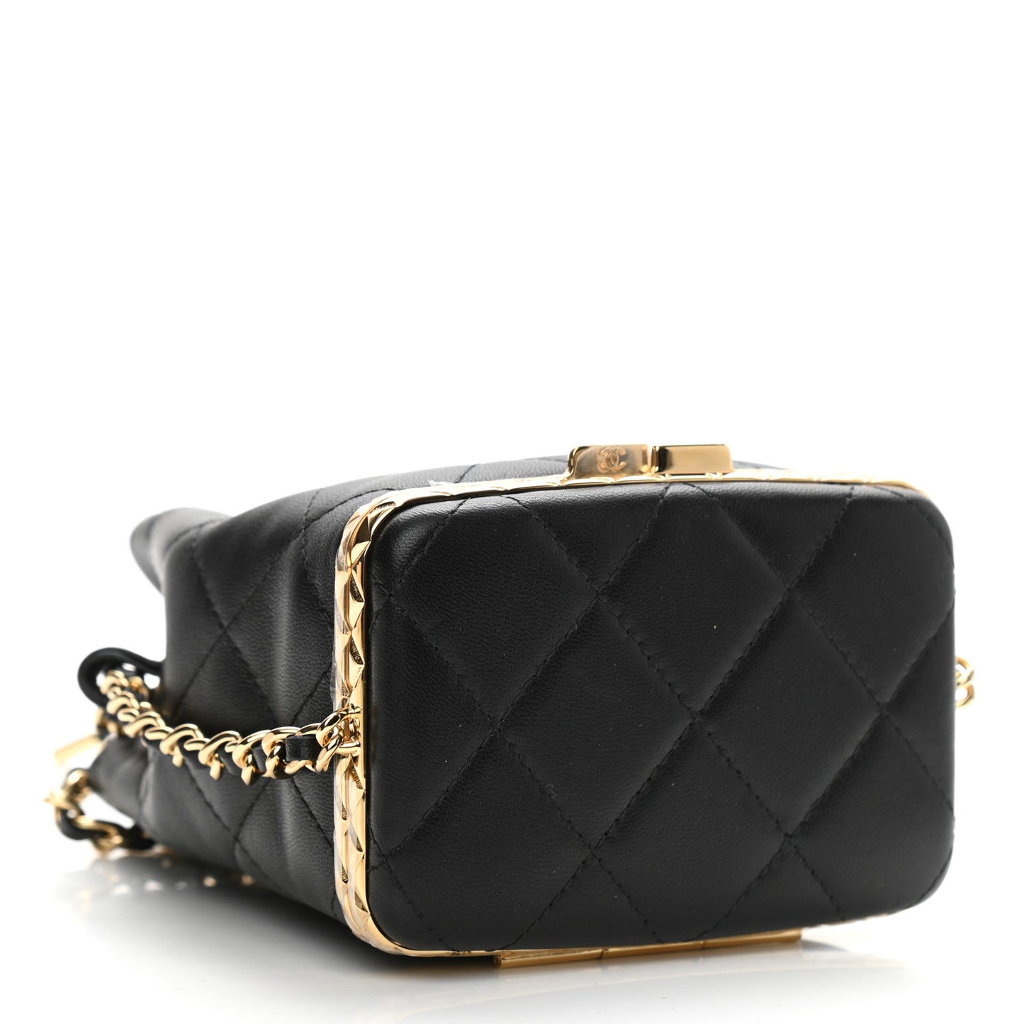 Metal Lambskin Quilted Small Chain Bucket Bag Black