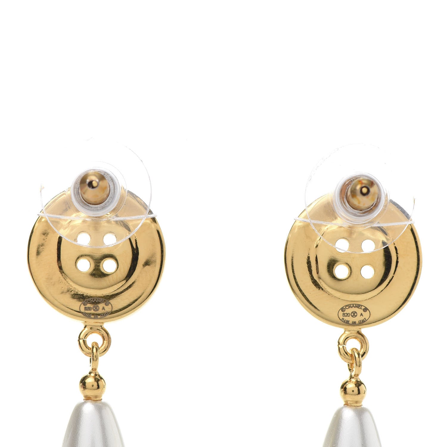 Chanel Metal Pearl Paris Button Drop Earrings Gold 4 of 5