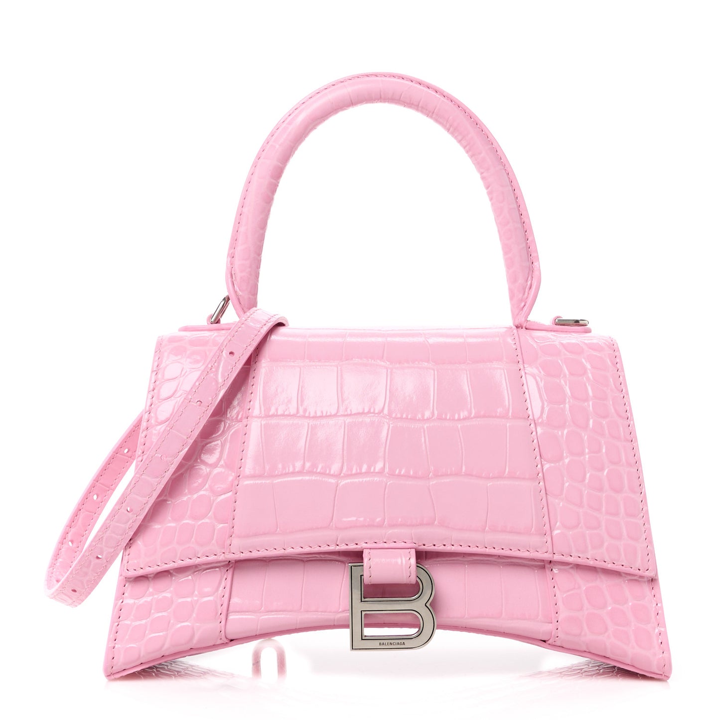 Semi Shiny Calfskin Crocodile Embossed Small Hourglass Top Handle Bag Candy Pink