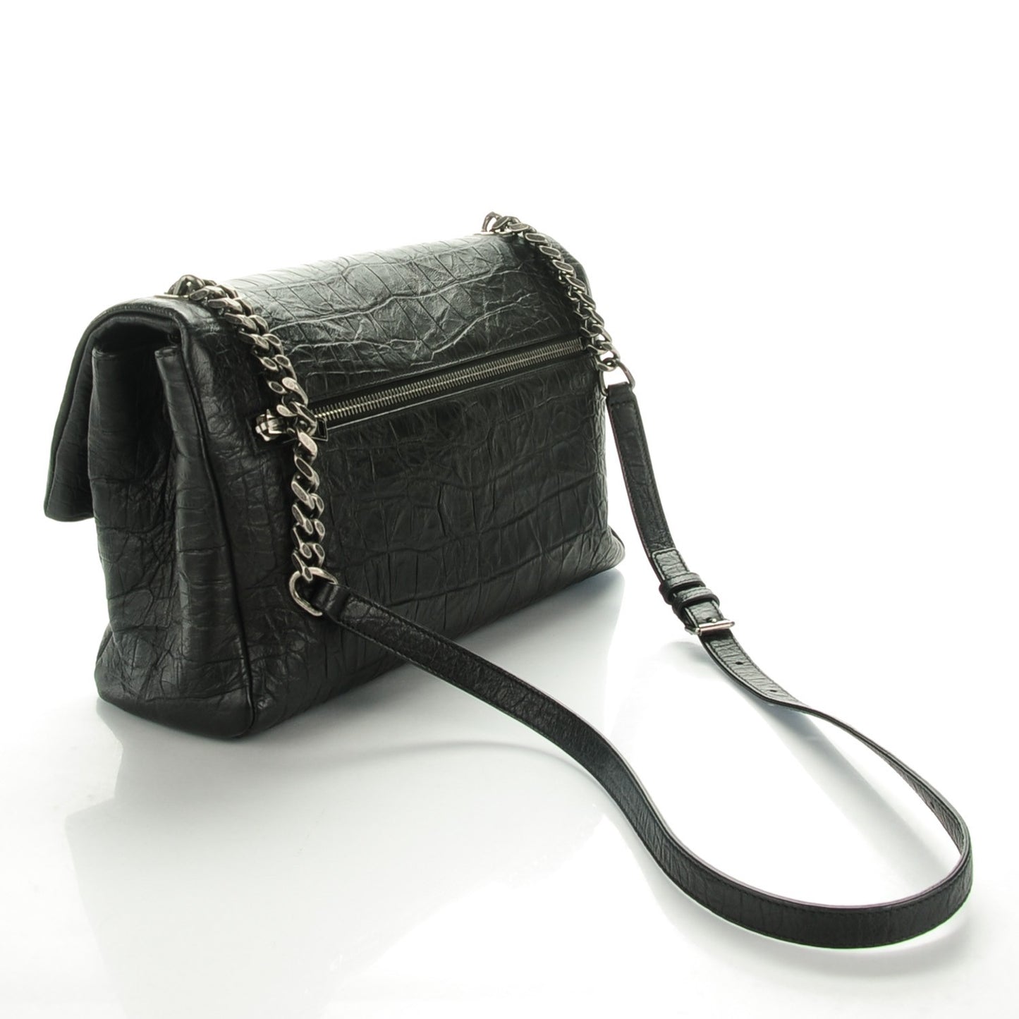 Calfskin Crocodile Embossed Medium West Hollywood Monogram Fold-Over Black