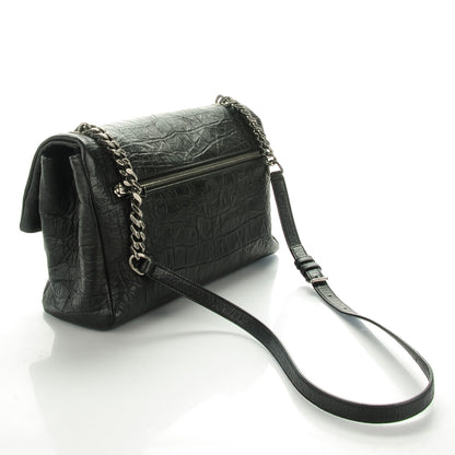 Saint Laurent Calfskin Crocodile Embossed Medium West Hollywood Monogram Fold-Over Black 3 of 7