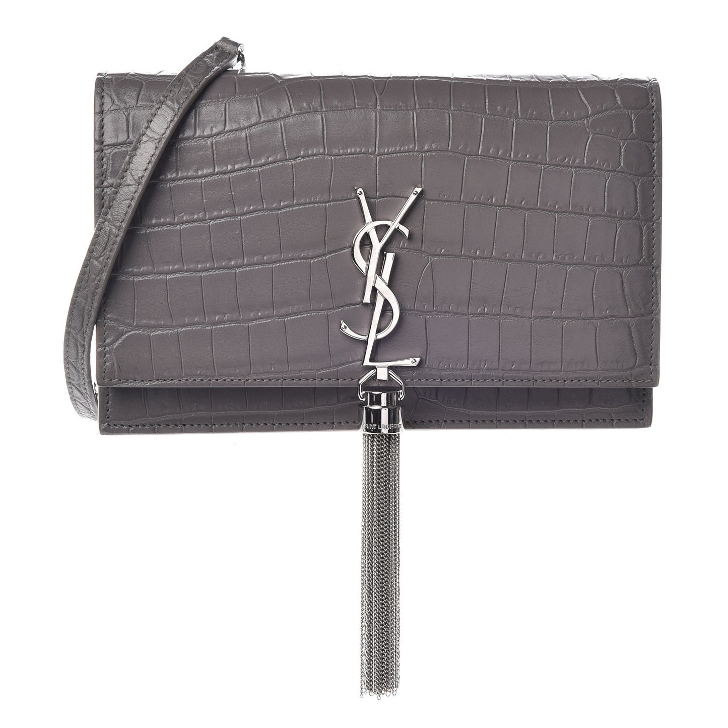 Calfskin Crocodile Embossed Kate Monogram Tassel Chain Wallet Fog