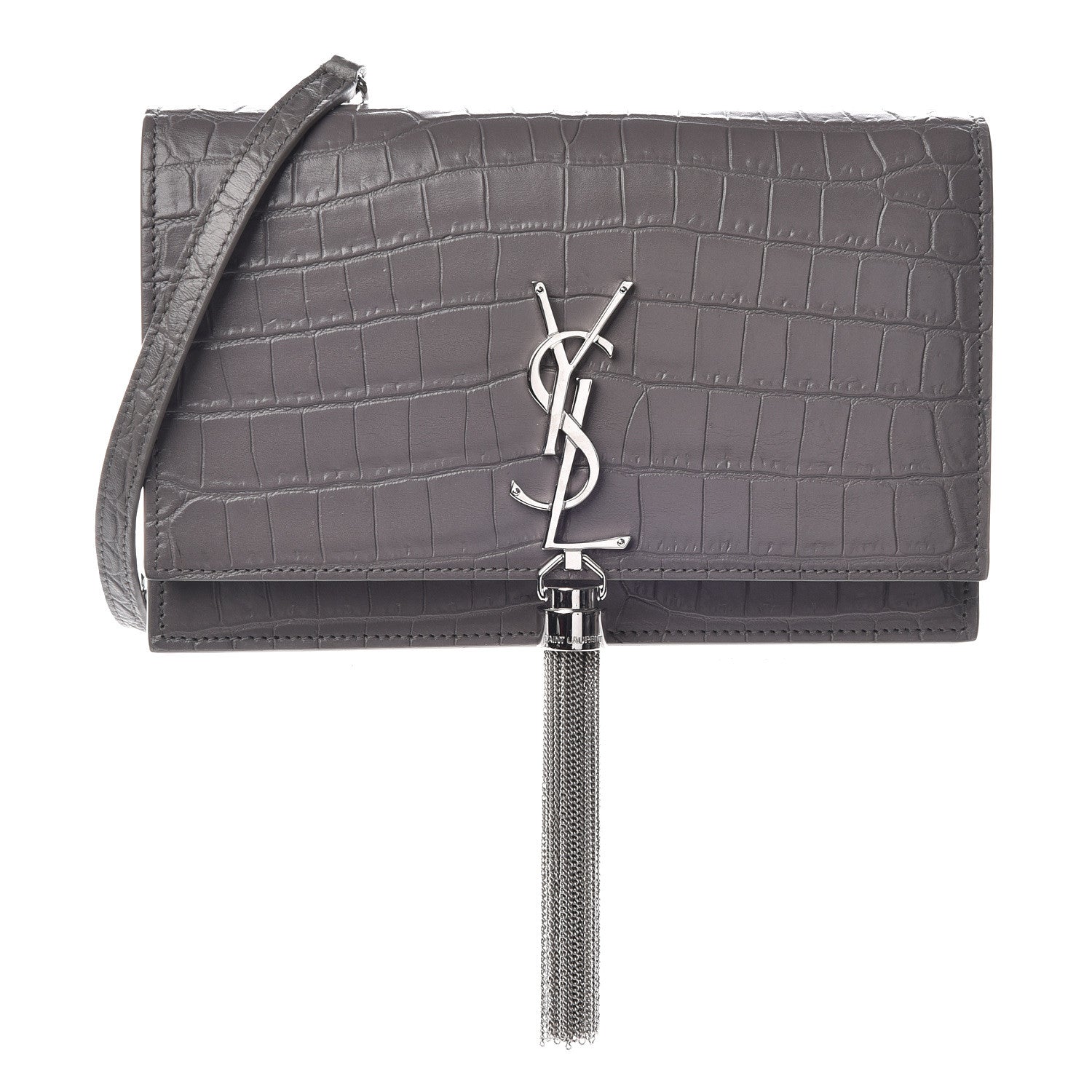 Saint Laurent Calfskin Crocodile Embossed Kate Monogram Tassel Chain Wallet Fog 1 of 9