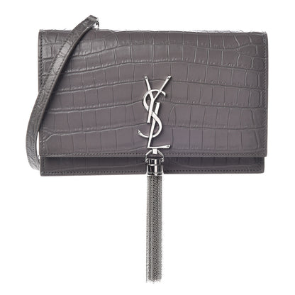 Saint Laurent Calfskin Crocodile Embossed Kate Monogram Tassel Chain Wallet Fog 1 of 9