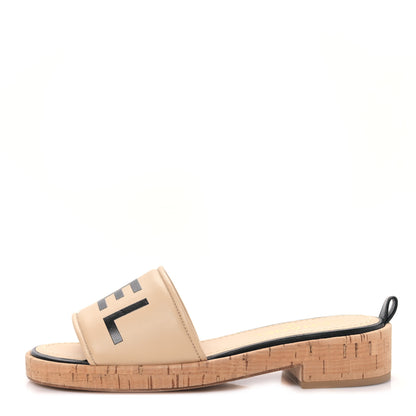 Chanel Calfskin Cork Logo Mule Sandal 38 Beige Black 1 of 8