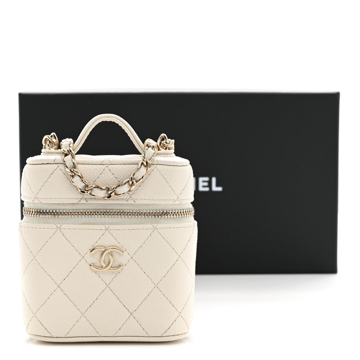 Caviar Quilted Small Handle With Care Vanity Case With Chain White