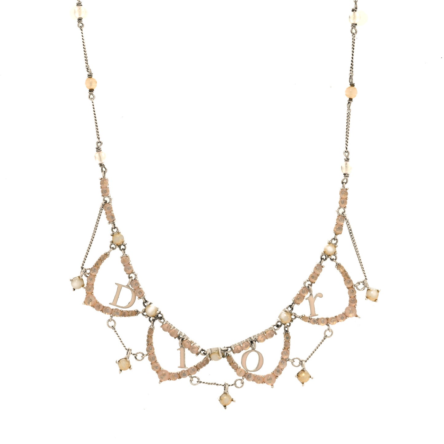 Beaded Logo Charm Necklace Silver Beige