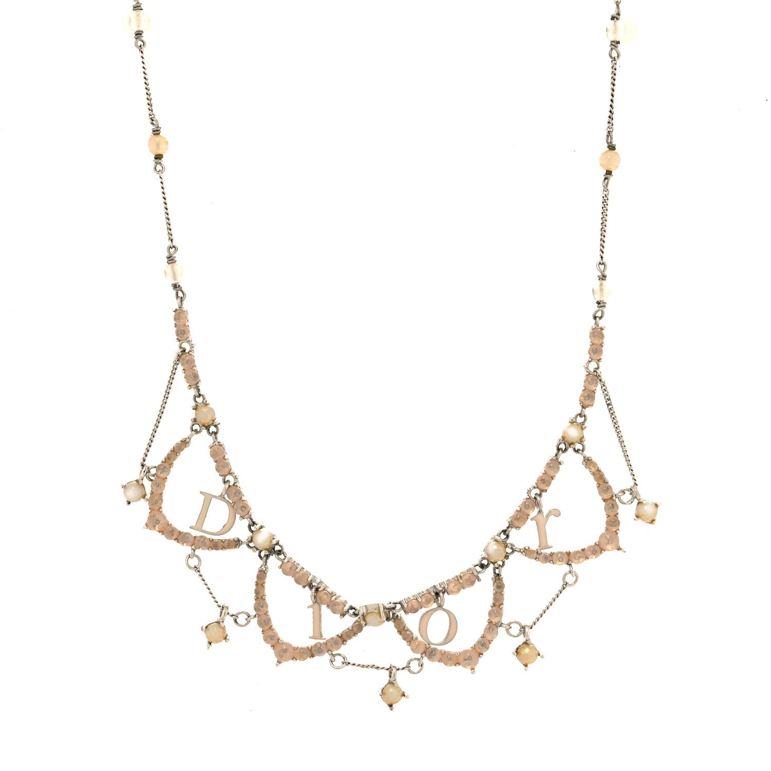 Christian Dior Beaded Logo Charm Necklace Silver Beige 1 of 5