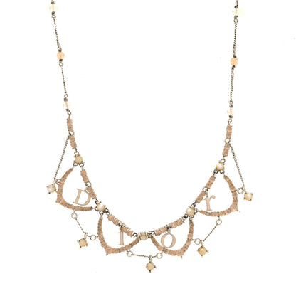 Christian Dior Beaded Logo Charm Necklace Silver Beige 1 of 5