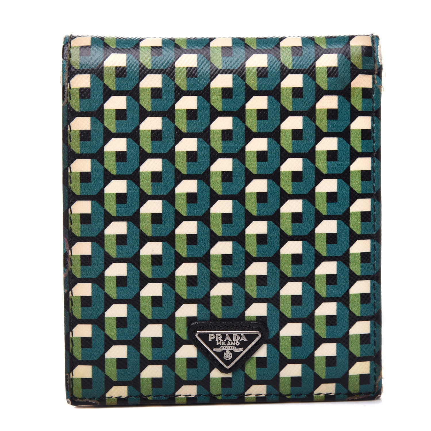 Prada Saffiano Geometric Print Bi-Fold Wallet Smeraldo Dis 1 of 9