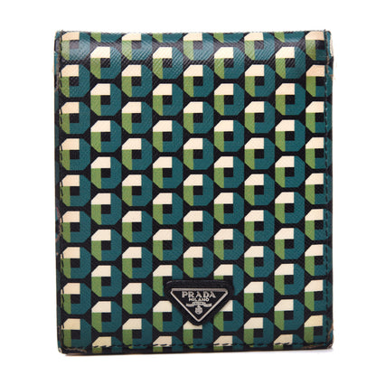 Prada Saffiano Geometric Print Bi-Fold Wallet Smeraldo Dis 1 of 9