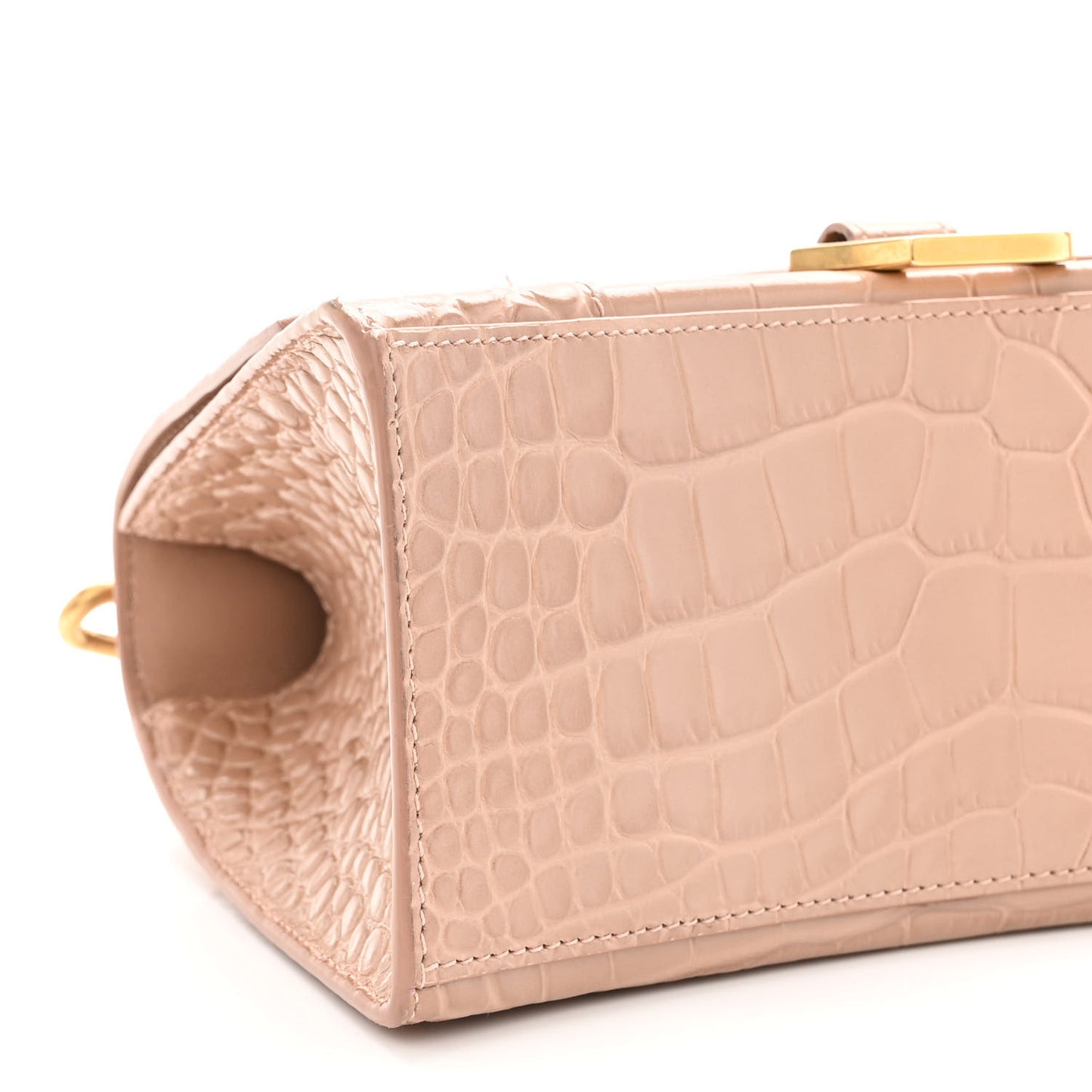 Shiny Calfskin Crocodile Embossed Small Hourglass Top Handle Bag Nude Beige