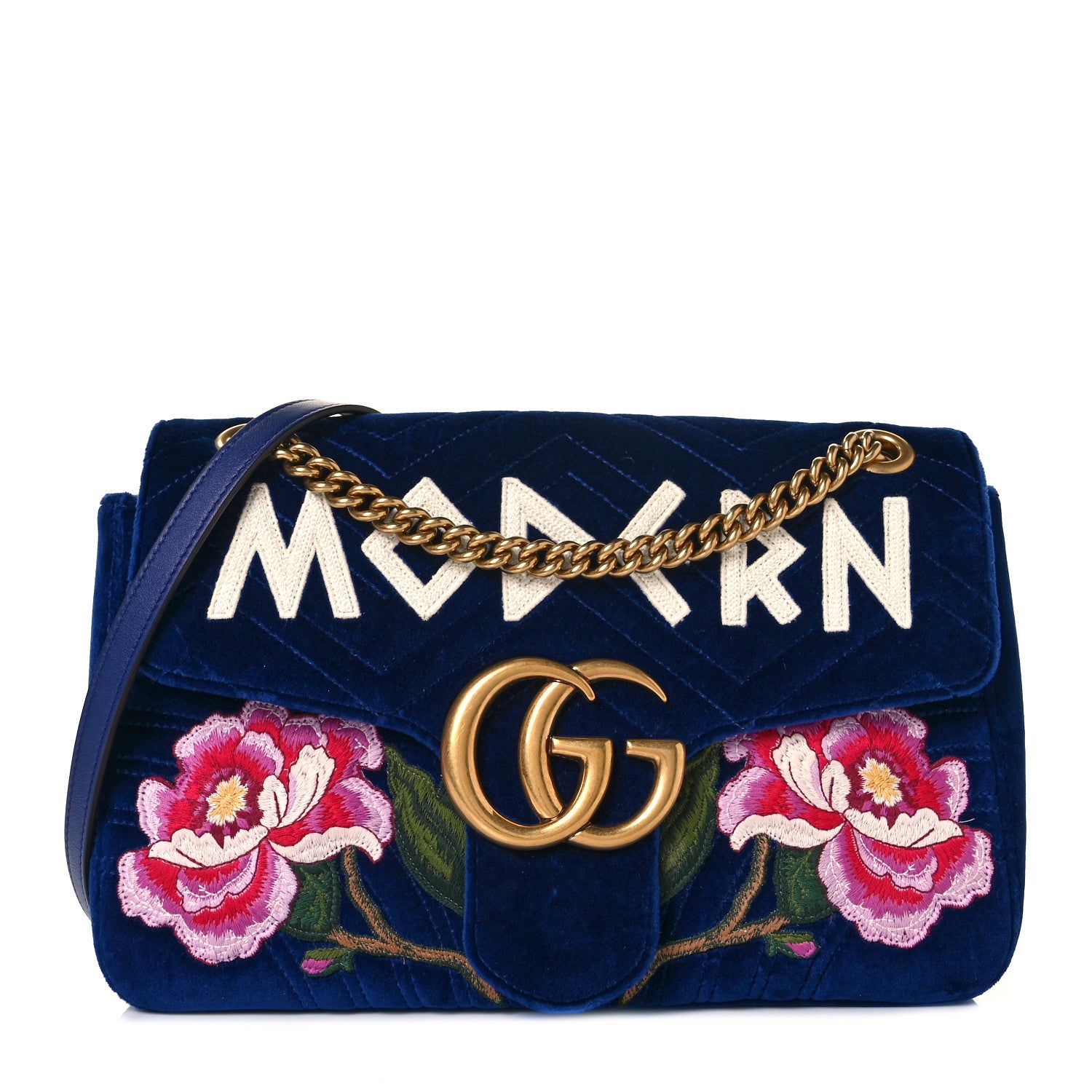 Gucci Velvet Matelasse Modern Embroidered Medium GG Marmont Shoulder Bag Cobalt 1 of 9