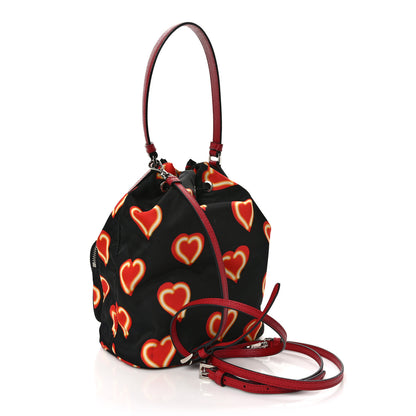 Prada Nylon Saffiano Heart Print Bucket Crossbody Bag Black Fuoco 2 of 7