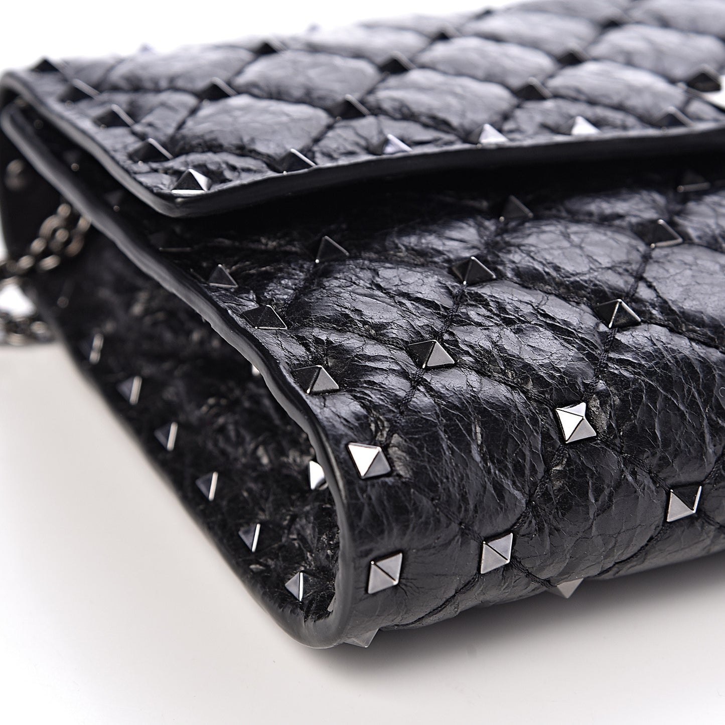 Craquele Nappa Rockstud Spike Wallet on Chain Black