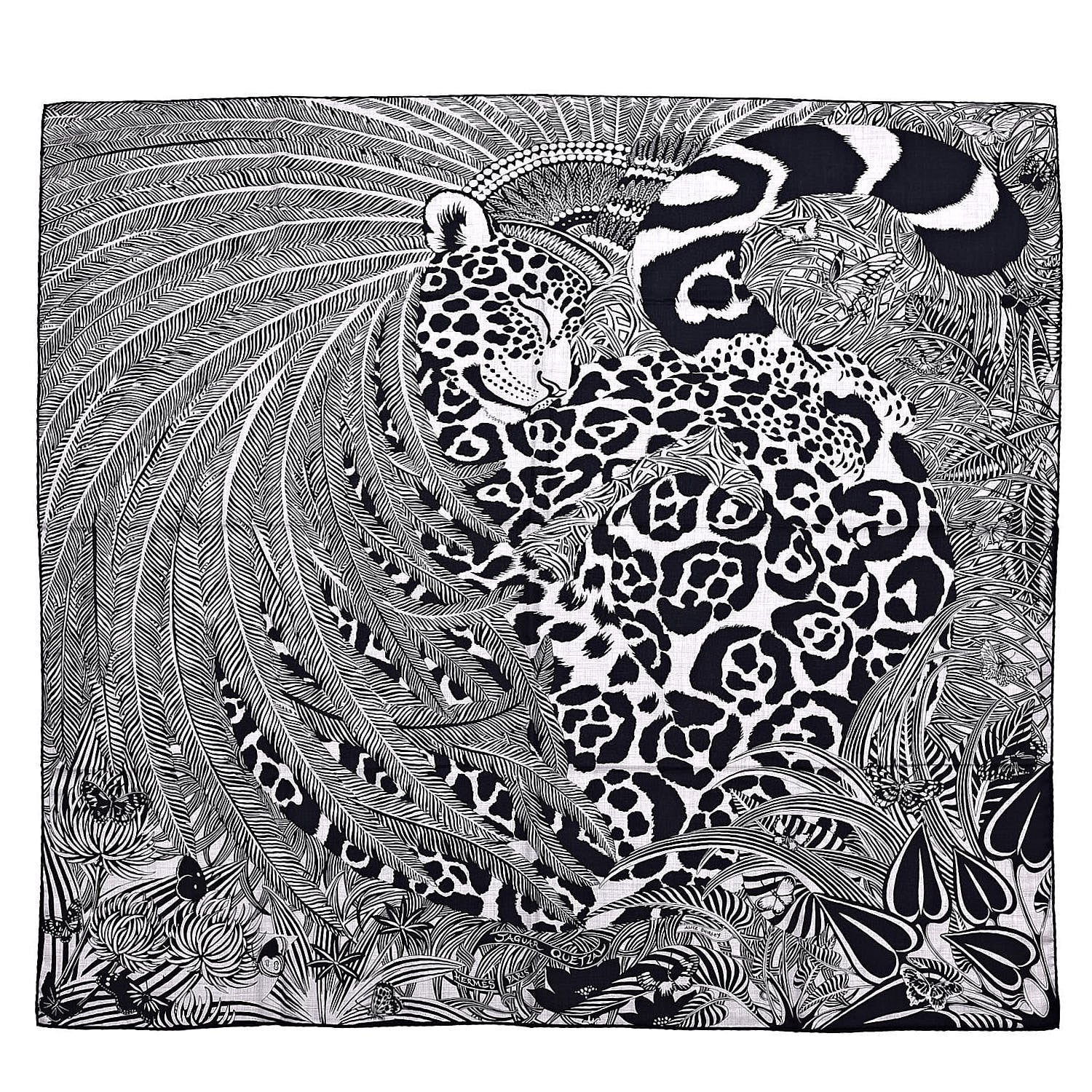 Hermes Cashmere Silk Jaguar Quetzal Shawl 140 Gris Chine Bleu Black Gris 1 of 6