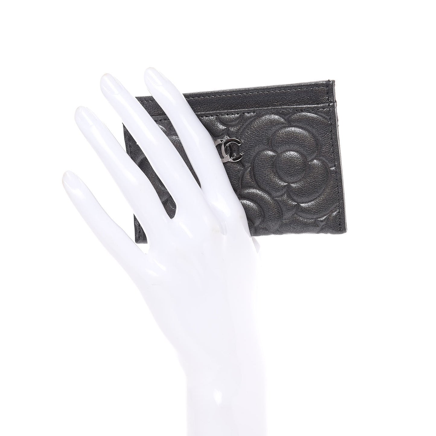 Goatskin Camellia Embossed Card Holder Grey