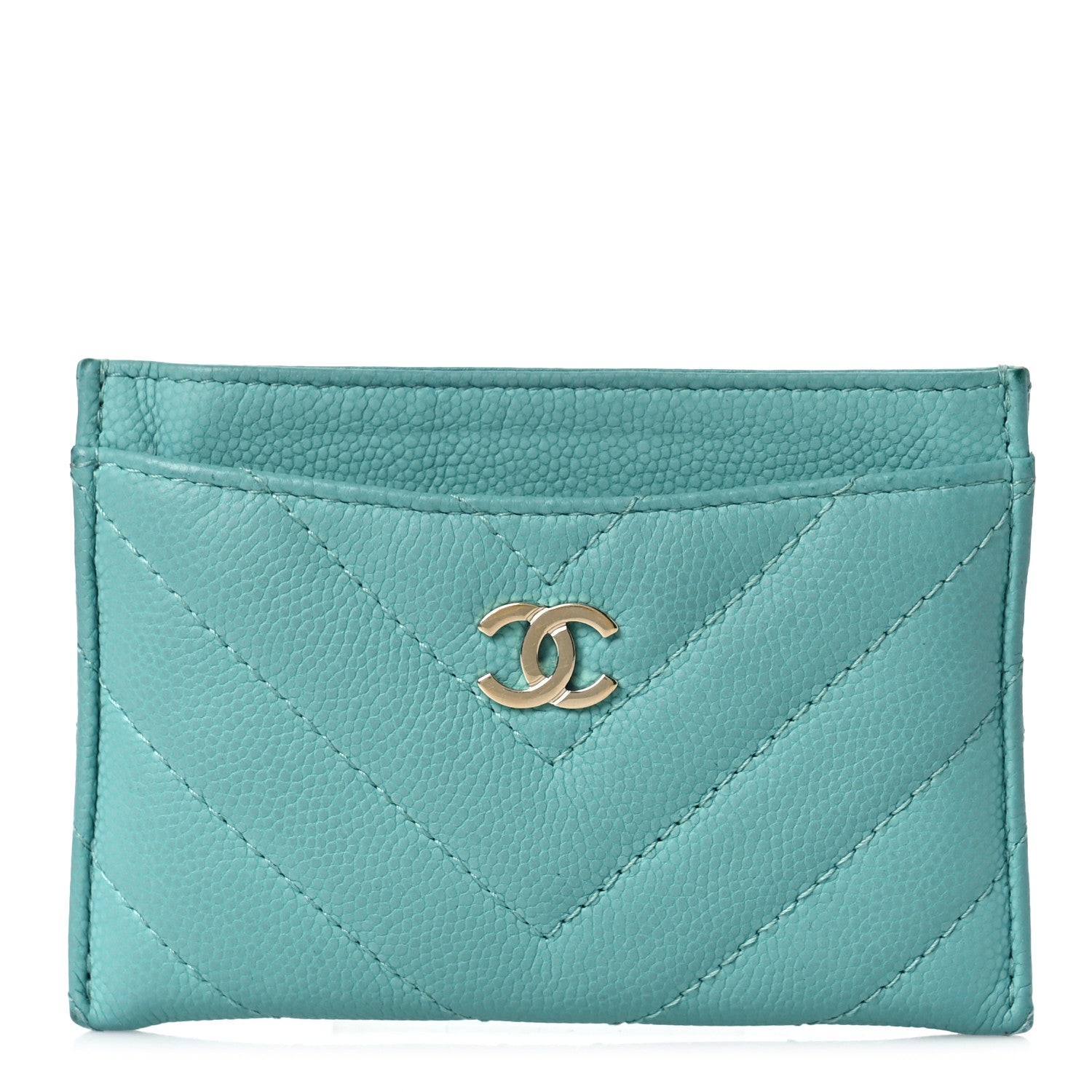 Chanel Caviar Chevron Quilted Card Holder Turquoise 1 of 10