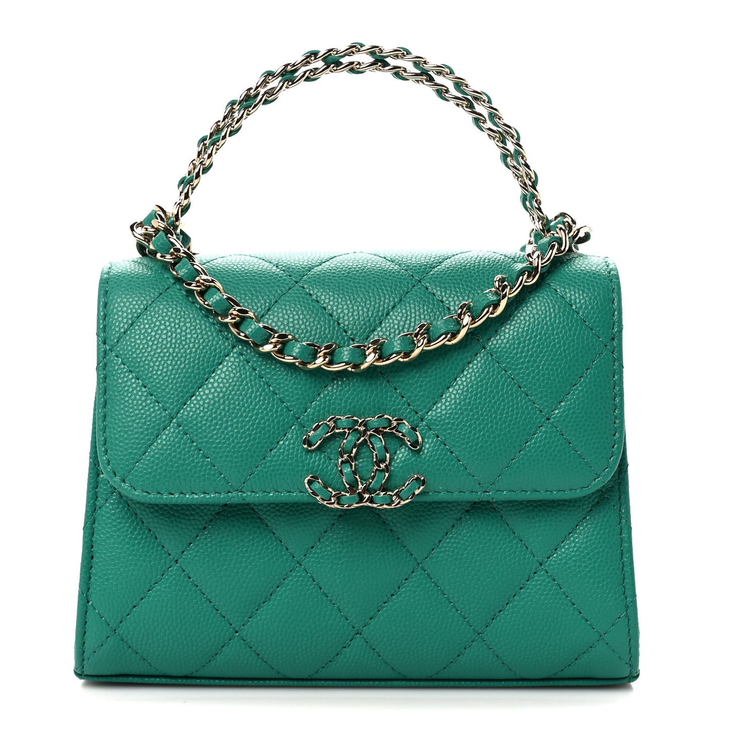 Caviar Quilted Double Chain Top Handle Flap With Chain Green