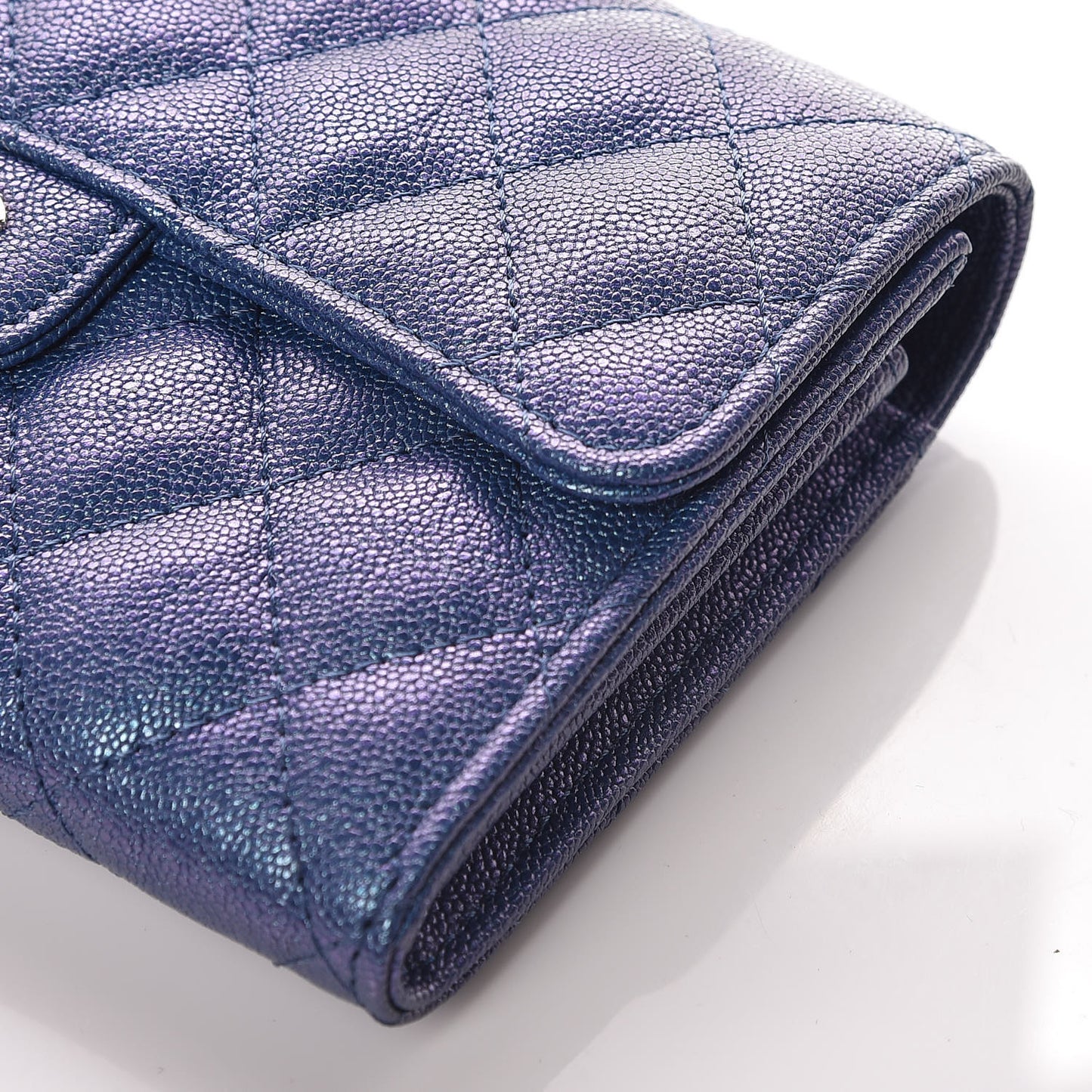 Iridescent Caviar Quilted Medium Flap Wallet Blue