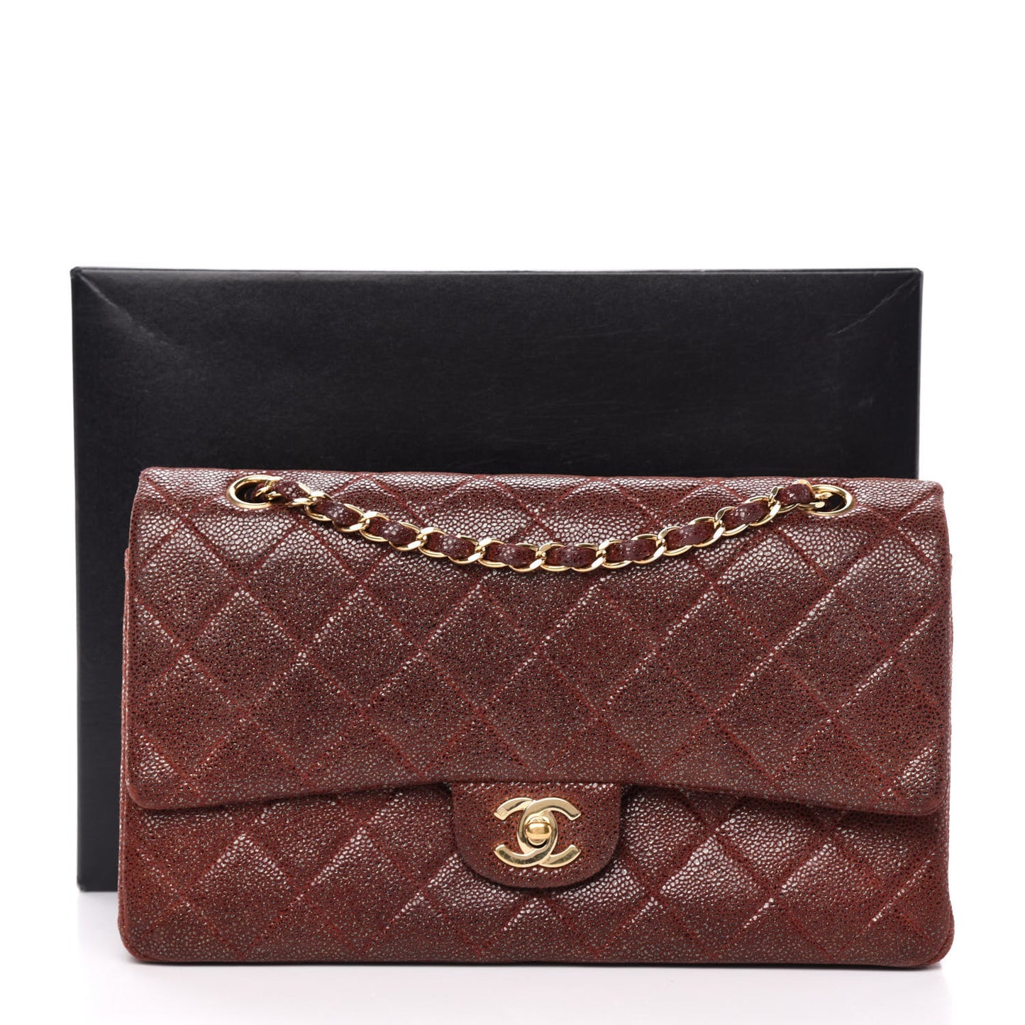 Iridescent Caviar Quilted Medium Double Flap Burgundy