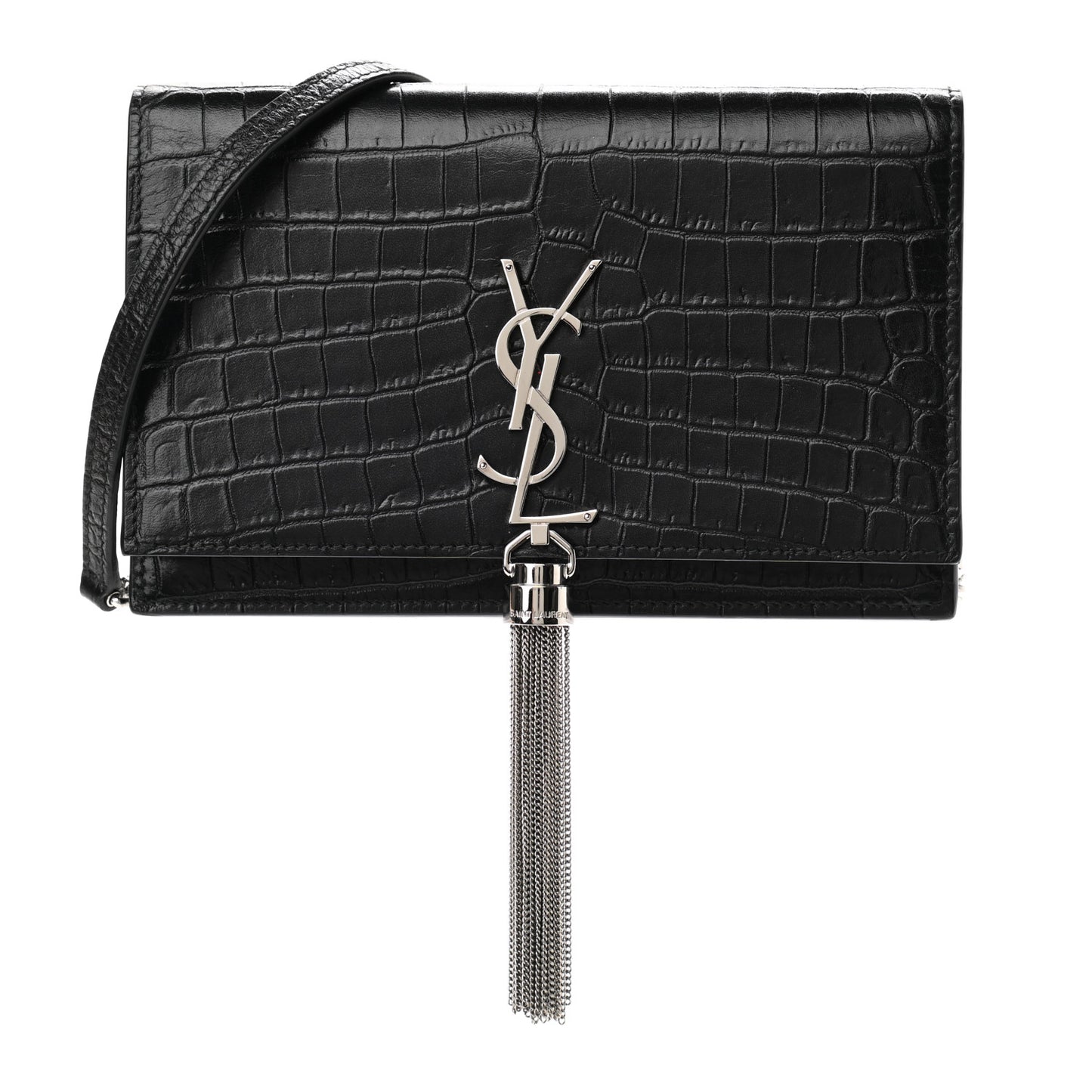 Calfskin Crocodile Embossed Kate Monogram Tassel Chain Wallet Black