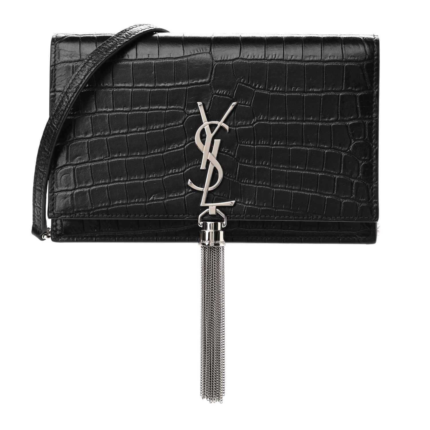 Saint Laurent Calfskin Crocodile Embossed Kate Monogram Tassel Chain Wallet Black 1 of 10