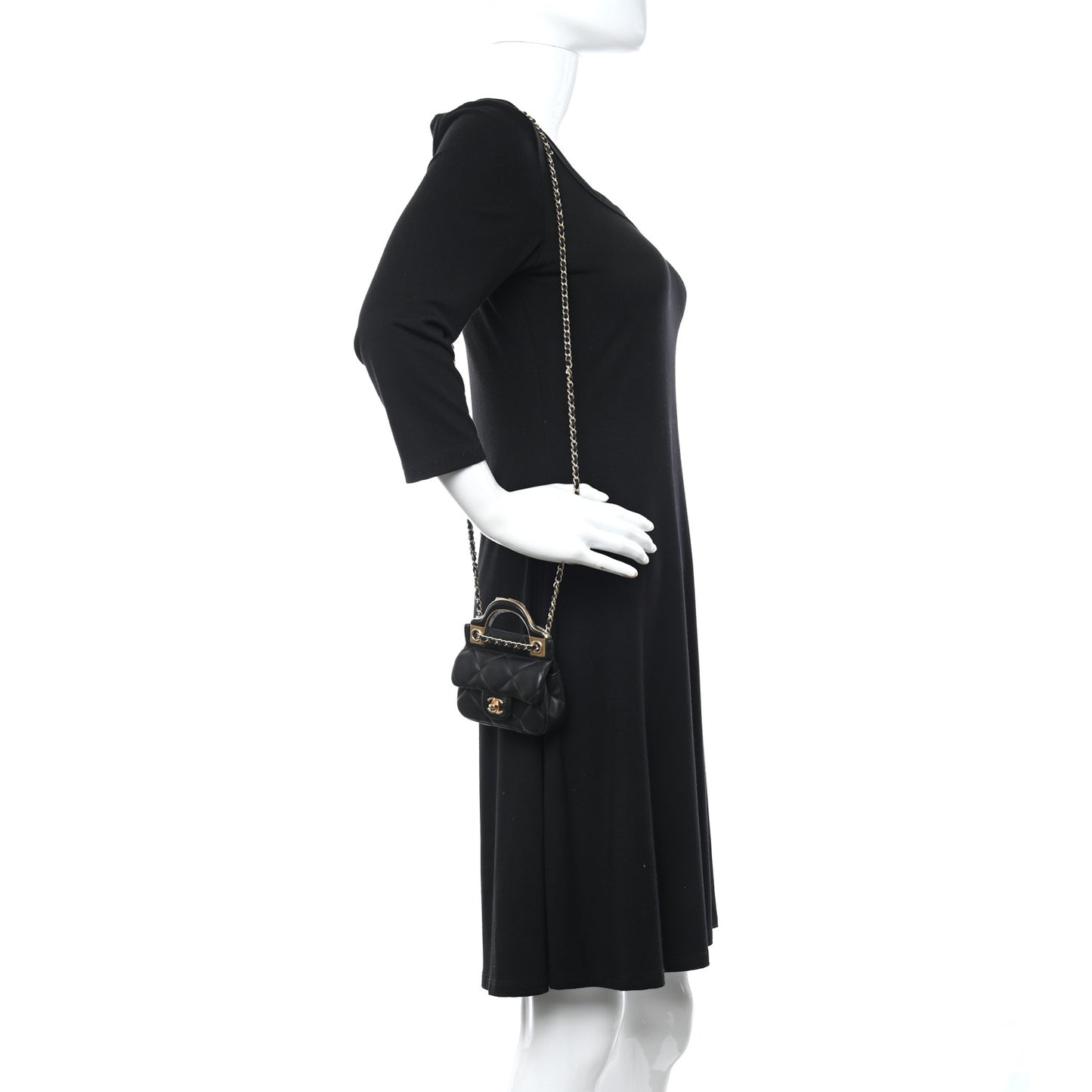 Calfskin Quilted Lady Handle Flap Card Holder With Chain Black