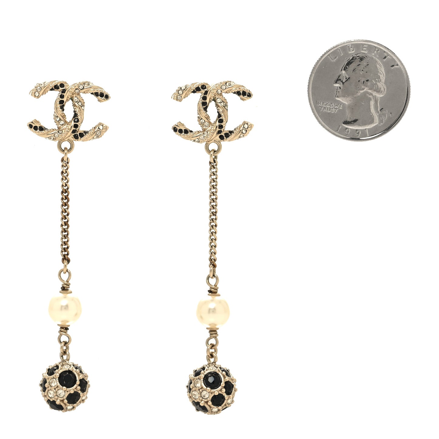 Crystal Pearl CC Ball Chain Drop Earrings Gold Black