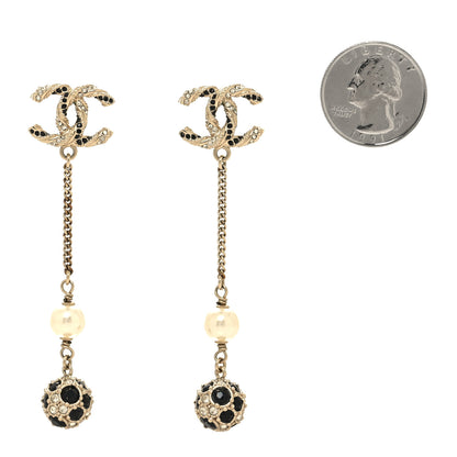 Chanel Crystal Pearl CC Ball Chain Drop Earrings Gold Black 2 of 4