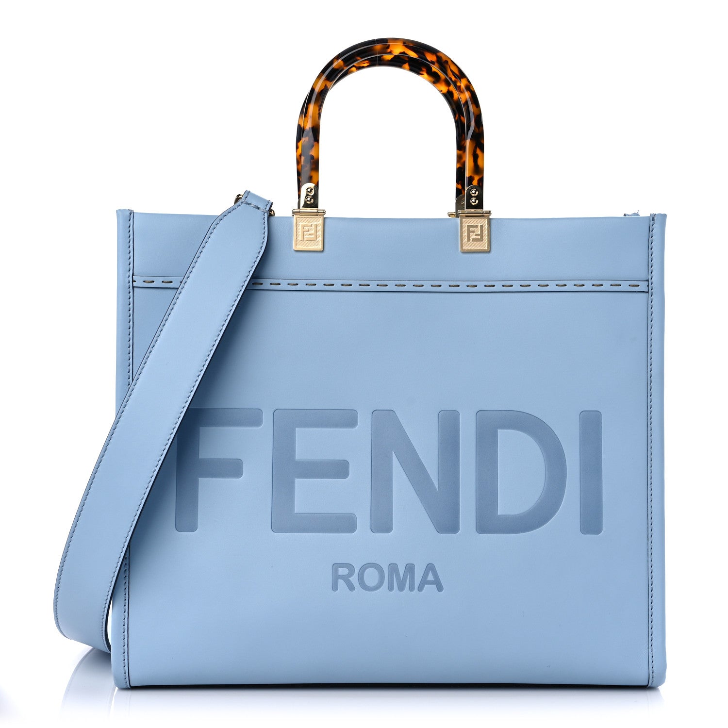 Fendi Vitello King Plexiglass Logo Embossed Medium Fendi Sunshine Shopper Tote Azzurro Baby 1 of 14