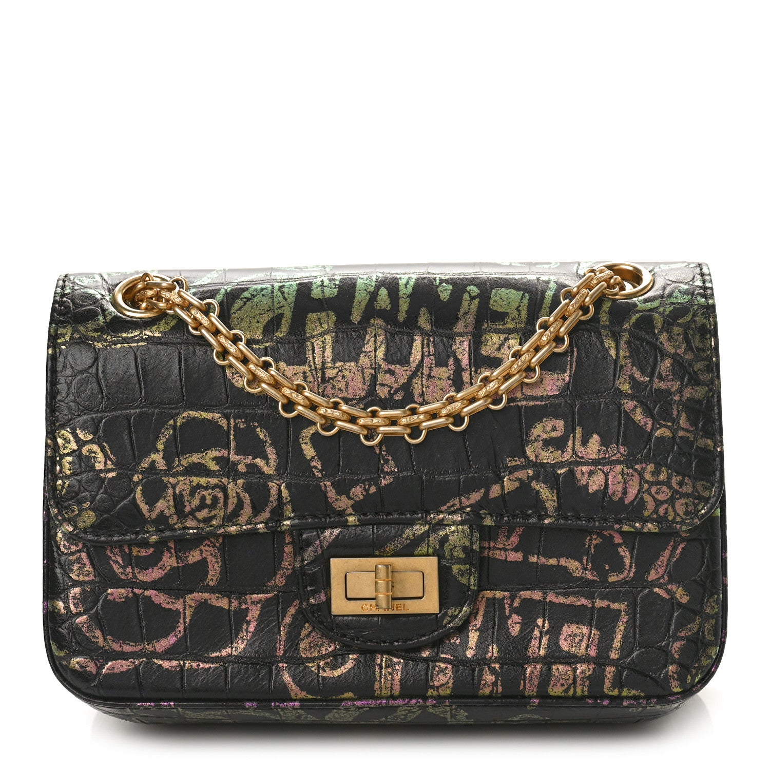 Chanel Calfskin Crocodile Embossed Graffiti 2.55 Mini Cocodile Reissue Flap Black Pink 1 of 10
