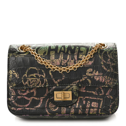 Chanel Calfskin Crocodile Embossed Graffiti 2.55 Mini Cocodile Reissue Flap Black Pink 1 of 10