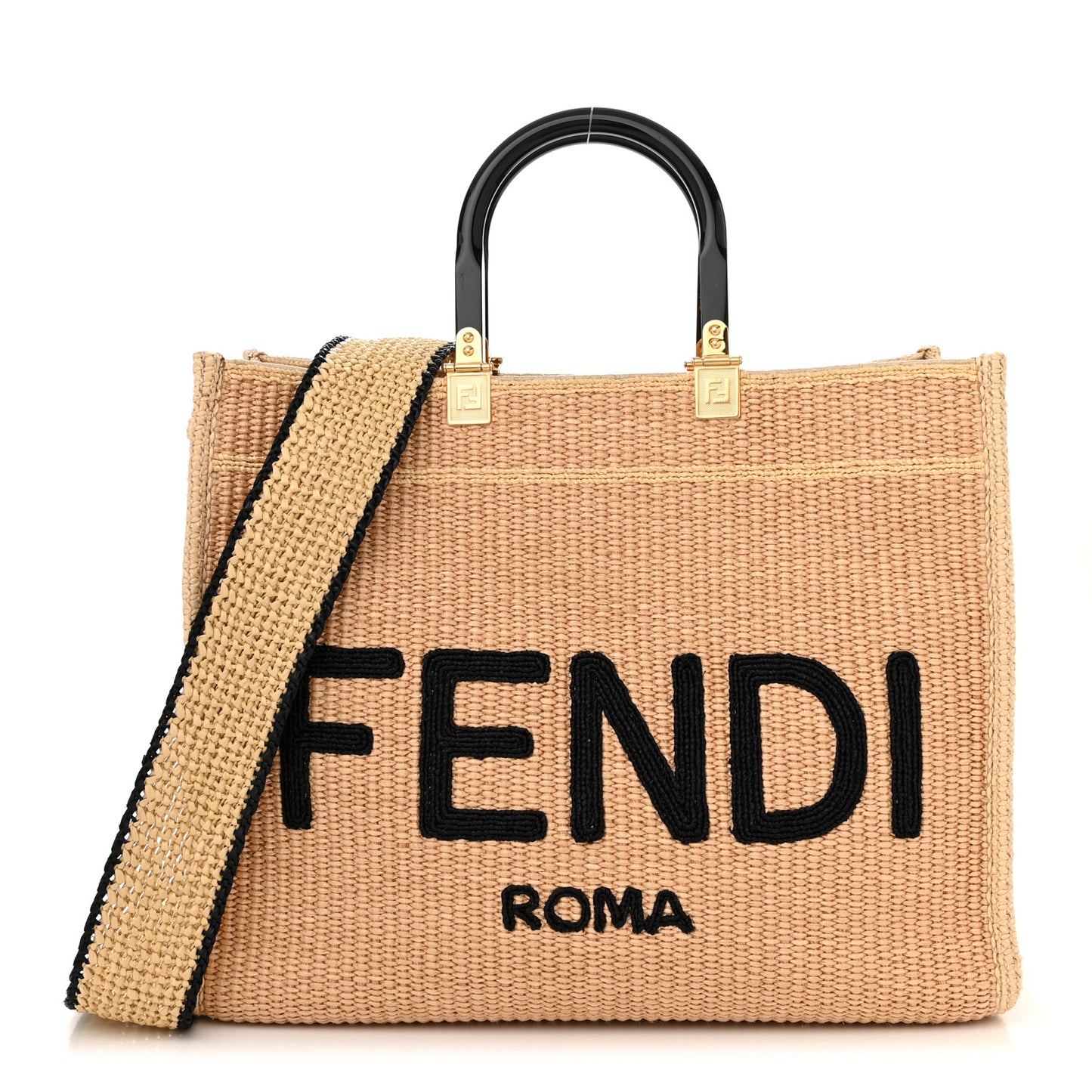 Straw Vitello King Plexiglass Woven Medium Fendi Sunshine Shopper Tote Natural Black